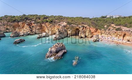 Aerial. Tourist beaches of the Portuguese city of Portimao. Shooted by drones Algarve