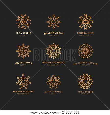 Set vector design logo with swirl element in luxory style. Abstract sign for identity, shop or business. Elegant line gold symbol flower style for boutiqu, beauty salon or personal concept identiy