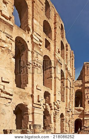 El Djem Amphitheatre in Tunisia. Part with arches of roman biggest amphitheater in africa