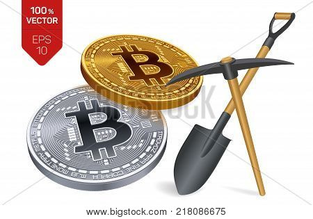 Bitcoin mining concept. 3D isometric Physical bit coin with pickaxe and shovel. Digital currency. Cryptocurrency. Golden and silver bitcoin coins isolated on white background. Vector illustration