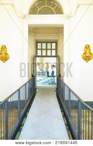 Stupinigi Italy - June 22 2016: The east corridor of the Royal hunting lodge