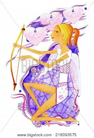 A barefoot girl in a white dress with a bow in his hands in the form of an angel of love with wings. Symbol of the astrological sign Sagittarius. Isolated on white background