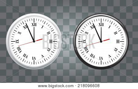 White and black wall office clock icon set. showing five minutes to twelve. For new year concept. Illustrated vector.