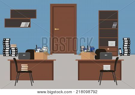 Moving to a new office. Blue office room. There are desks, chairs, a cabinet and shelves in the picture. Also there are cardboard boxes with stationery on the desks, and folders on the floor. Vector