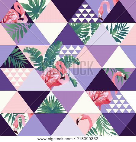 Exotic beach trendy seamless pattern, patchwork illustrated floral vector tropical banana leaves. Jungle pink flamingos.