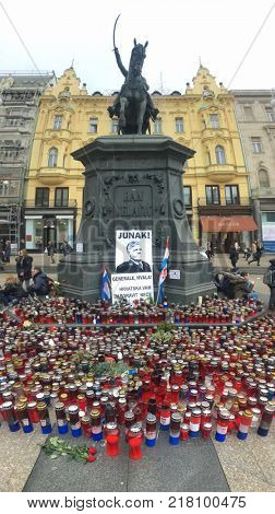 ZAGREB, CROATIA - 8 DECEMBER 2017: Candles and flags honouring the war criminal Slobodan Praljak on the main square in the capital city.