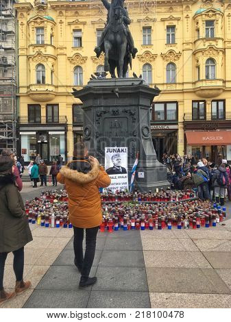 ZAGREB, CROATIA - 8 DECEMBER 2017: Candles and flags honouring the war criminal Slobodan Praljak on the main square in the capital city.