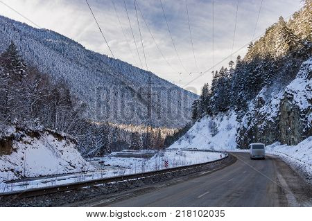 Winter mountain landscape with rocks and snow in Russia