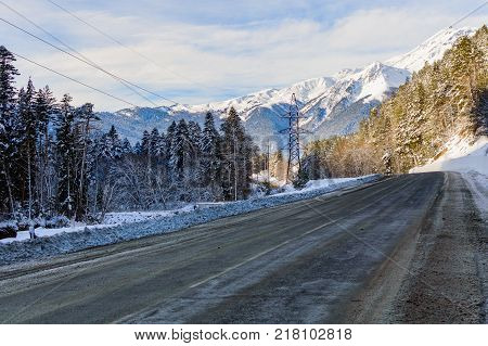 Winter mountain landscape with rocks and snow in Russia