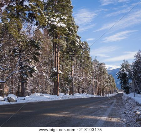 Winter mountain landscape with rocks and snow in Russia