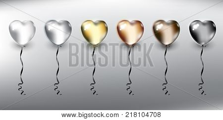 Set of 6 metallic helium balloons in form of hearts. Inflatable air flying balloons. Isolated with realistic, transparent glass shine and shadow on the light background. Vector illustration. Eps10.