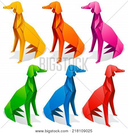 Vector origami paper dogs. Yellow red orage blue green and pink greyhound icons isolated on white background. Concept of pet shop or 2018 Chinese New Year symbol