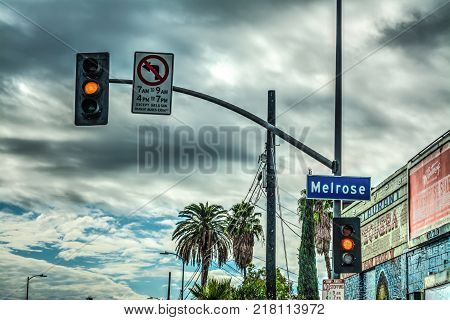 Los Angeles CA USA - October 28 2016: Melrose sign under a cloudy sky