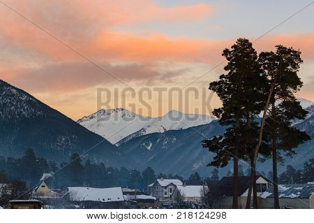 Winter mountain landscape with rocks and snow in Russia