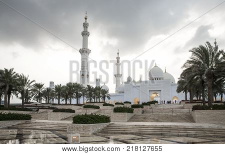 Abu Dhabi United Arab Emirates December 8th 2017: Grand Mosque Under A Rain Cloud