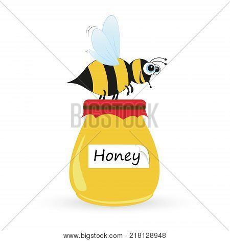 Vector happy cartoon bee flying with a delicious honey. Vector illustration.