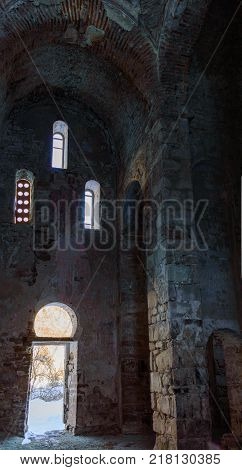 North Caucasus. Lower-Arkhyz settlement. Abandoned orthodox temple. Winter landscape