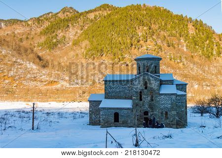 North Caucasus. Lower-Arkhyz settlement. Abandoned orthodox temple. Winter landscape