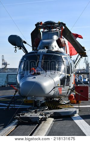 Helicopter On A Platform Of A Frigate