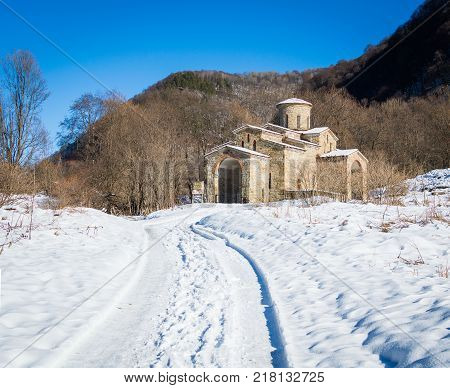 North Caucasus. Lower-Arkhyz settlement. Abandoned orthodox temple. Winter landscape