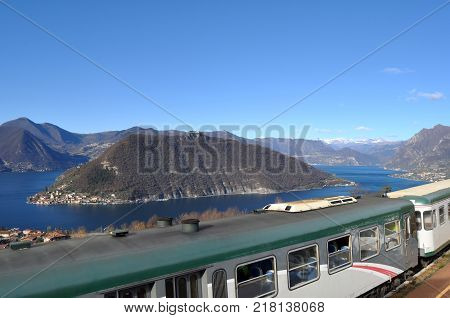 Panoramic view of Lake Iseo from the Valcamonica train  Brescia Italy