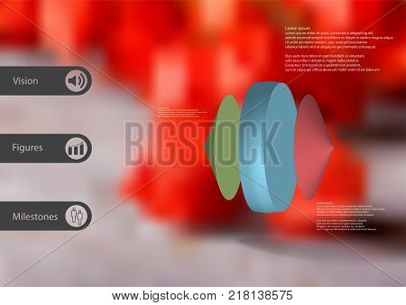 3D illustration infographic template with motif of ball vertically divided to five brown parts with simple sign and sample text on side in bars. Light blue gradient is used as background.