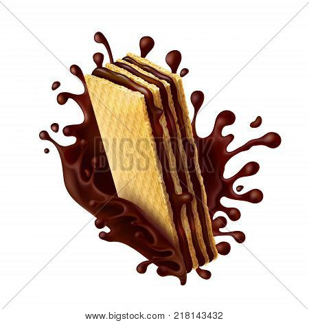 Waffle cookies with chocolate filling and splash of melted chocolate realistic vector illustration isolated on white background. Mock up for packing sweets, design element for advertising promo poster