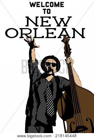 Musician with bass in country style on a white background