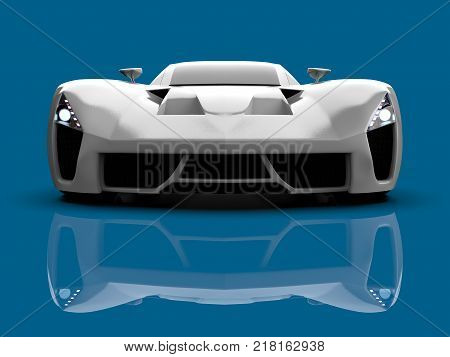 White racing concept car. Image of a car on a blue glossy background. 3d rendering