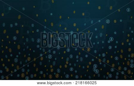 Bitcoins security business background. Bitcoin crypto mining visualization. Business wallet background, security currency exchange, vector model. Crypto virtual payment finance. Gold money trading.