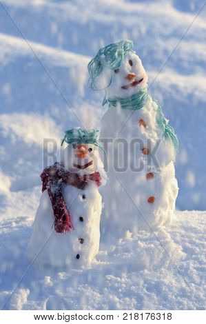 Little small Snowman in snow with copy space
