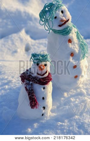 Little small Snowman in snow with copy space