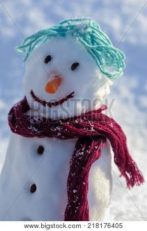 Little small Snowman in snow with copy space