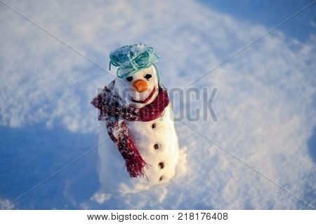 Little small Snowman in snow with copy space