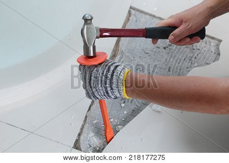 Homemade Replacing floor tiles ฺBe broken and a tile adhesive plaster out the old to cement glue. For a new tile support again on same area .
