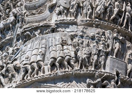 ROME, ITALY - JUNE 23, 2017: Amazing view of Marcus Aurelius Column in front of Palazzo Chigi in city of Rome, Italy