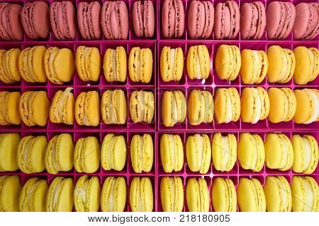 Close up shot of macarons on display