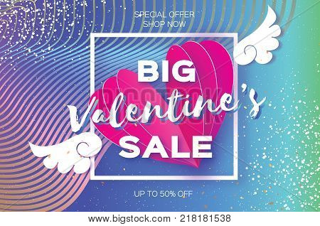 Valentine's day sale offer. Big sale. Origami angel wings. Romantic pink heart in paper cut style. Square frame. Text. Voucher discount. Gradient Future Geometric Blue Cover. Vector