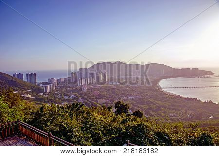 panorama of the city of Sanya, a view of the city in the highest point, the island of the Phoenix. Asia