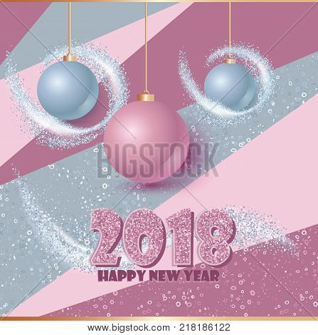 Happy new year banner with clossy balls and sparkle stardust. Magic decor for your selebration. Text 2018.