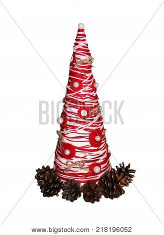 Decorative christmas tree of thread handmade isolated on white background.
