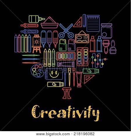 Kids creativity and children art design poster of painting tools, paint brush and pencil or felt tip pen. Vector outline color icons of scissors, watercolor drawing pad and computer or designer picture