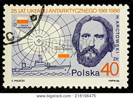 Moscow Russia - December 13 2017: A stamp printed in Poland shows Polish explorer Henryk Arctowski series 