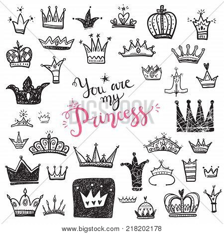 Hand drawn Various crowns set, vector illustration doodle cute style.