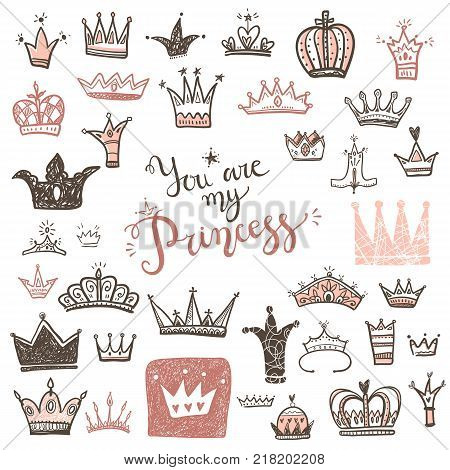 Hand drawn Various crowns set, vector illustration doodle cute style.