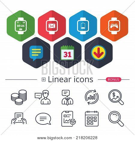 Calendar, Speech bubble and Download signs. Smart watch icons. Wrist digital time watch symbols. Mail, Game joystick and wi-fi signs. Chat, Report graph line icons. More linear signs. Editable stroke