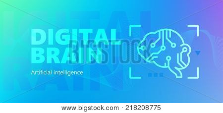 Blue colored  artificial intelligence vector banner with Digital brain words and robotic brain silhouette icon in outline style.