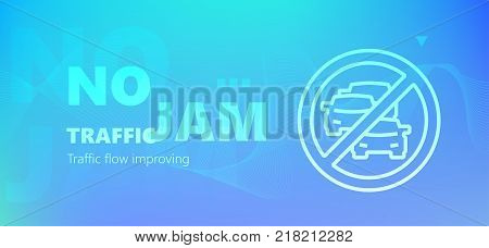 Blue colored traffic flow improving vector banner with crossed out traffic jam symbol icon in outline style.