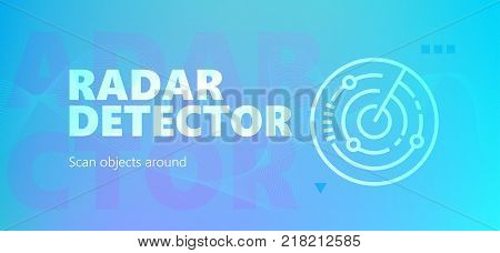 Blue colored scan objects around vector banner with radar symbol icon in outline style.