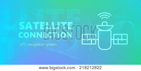 Blue colored GPS navigation system vector banner with satellite symbol icon in outline style.